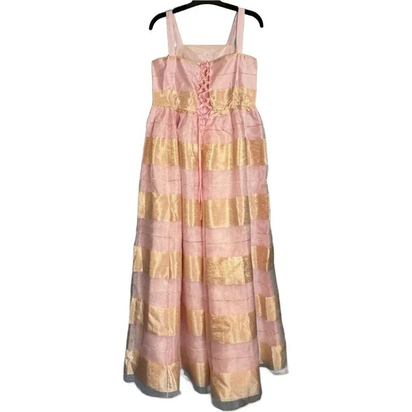 Show Me Your Mumu Pink Gold Stripe Organza Princess Dress Lace Up Flouncy O/S - Picture 2 of 14